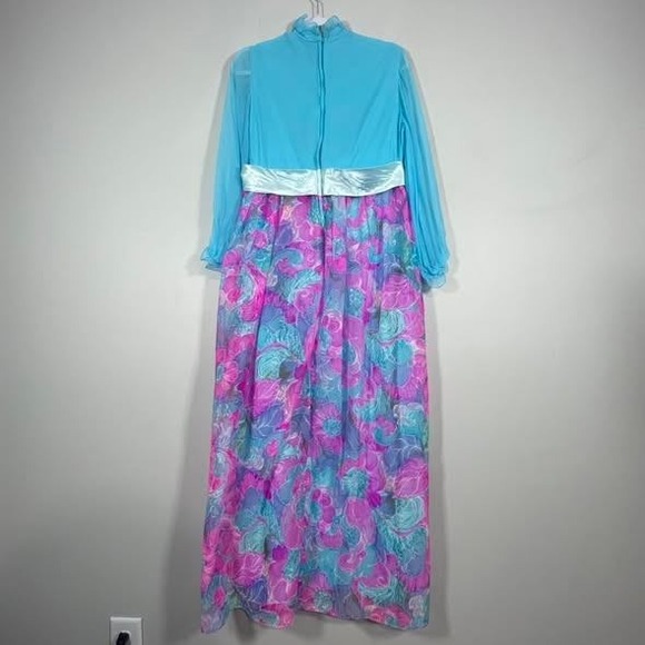 VTG 1960s Floral Chiffon Maxi Dress Womens Medium Blue Pink Buttons Ruffles - Picture 4 of 11
